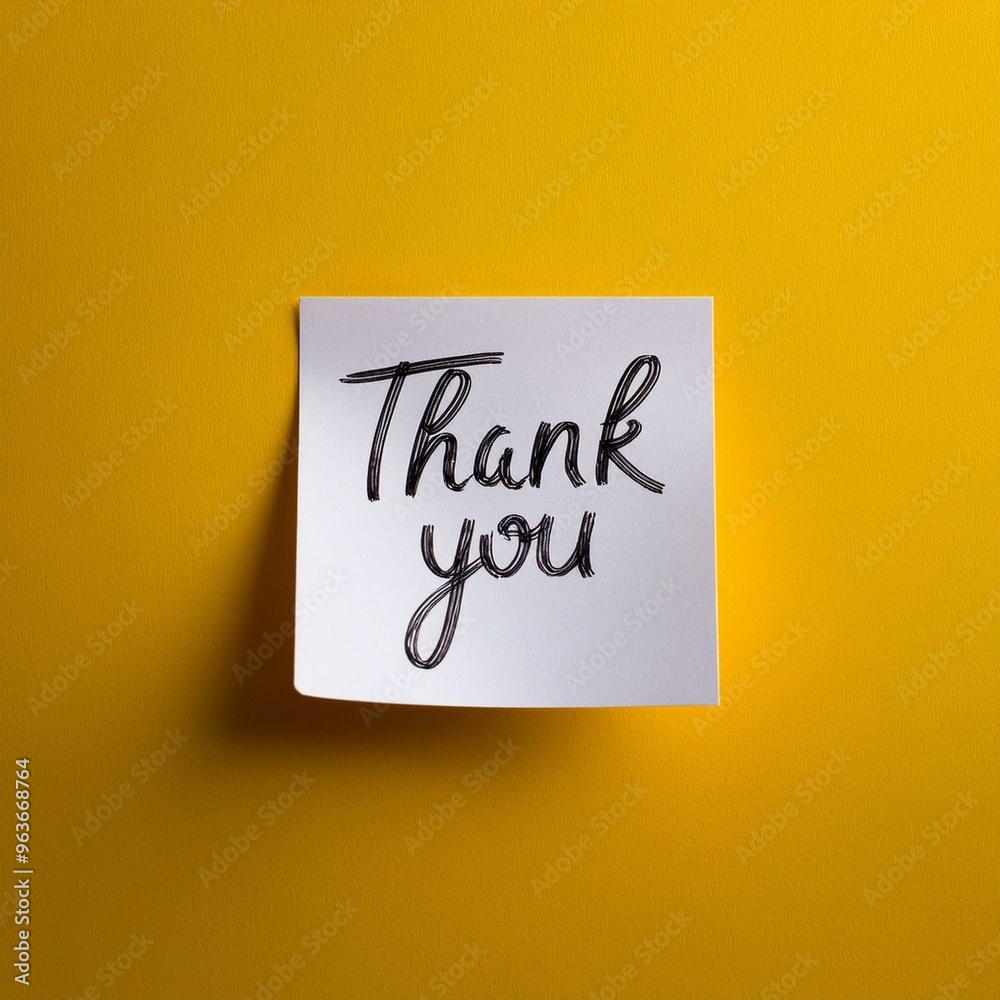White sticky note with thank you note on yellow background