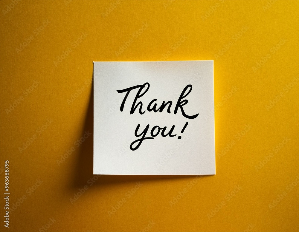White sticky note with thank you note on yellow background White sticky note with thank you note on yellow background