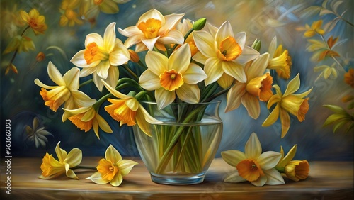 Bright yellow daffodils in a clear glass vase, symbolizing spring, hope, and new beginnings