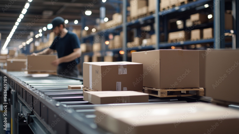 Show the process of packaging and shipping online orders, including a logistics partner. Highlight options like same-day delivery or international shipping to emphasize fulfillment efficiency. Show the process of packaging and shipping online orders, including a logistics partner. Highlight options like same-day delivery or international shipping to emphasize fulfillment efficiency.