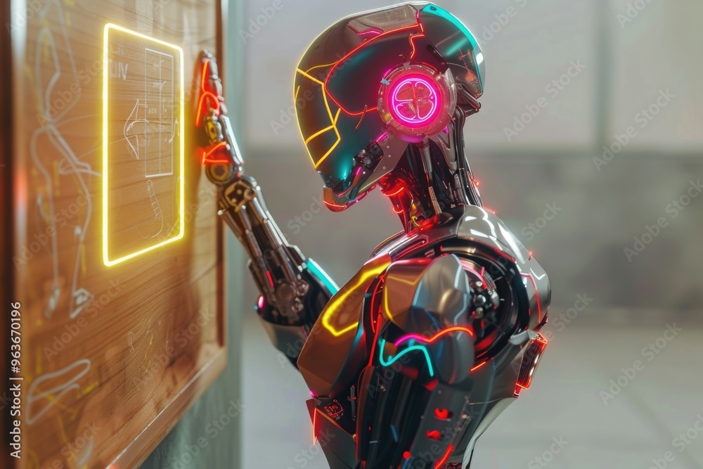 Futuristic ai robot interacting with neon smartboard in a modern tech ...