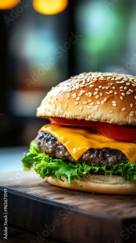 Juicy cheeseburger with lettuce and tomato on