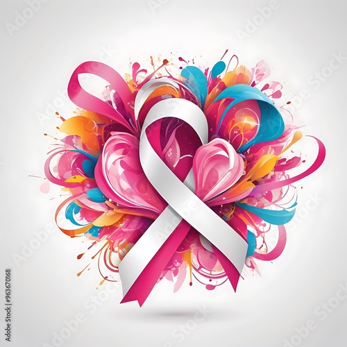 Pink ribbon line art brush style. Breast Cancer Awareness Month Campaign, attractive colorful bright abstract A poster for breast cancer awareness in white background