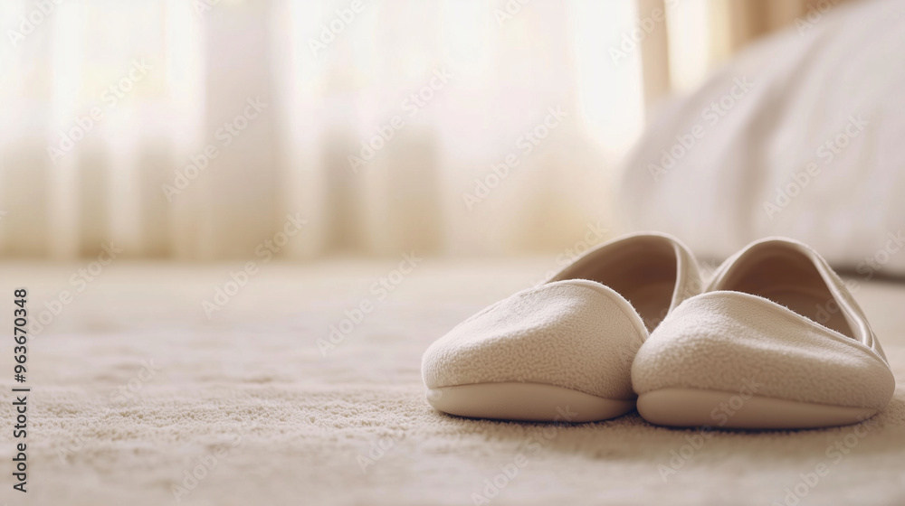 Cozy Comfort: Closeup of Warm Beige Slippers, Perfect for Relaxing Indoors in a Comfortable Home Setting. photo Cozy Comfort: Closeup of Warm Beige Slippers, Perfect for Relaxing Indoors in a Comfortable Home Setting. photo