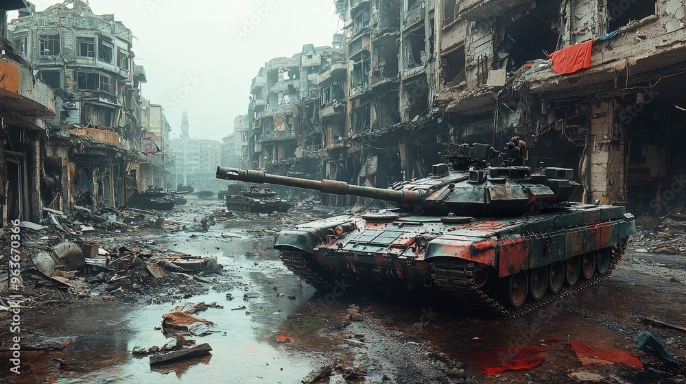 Obraz premium Military tank drives through a war-torn city street.