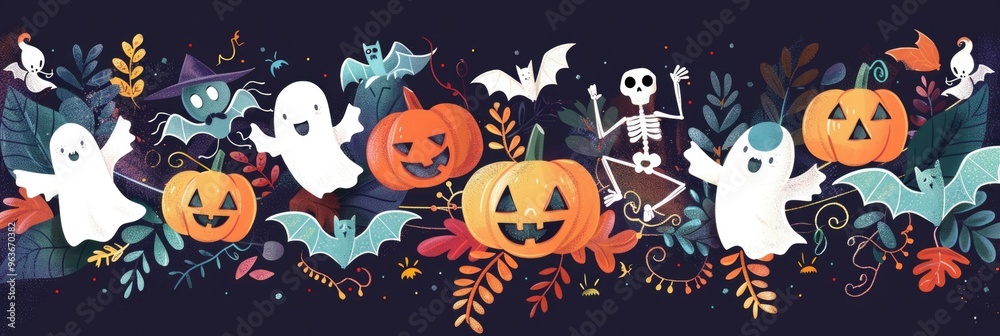 Spooky halloween celebration with pumpkins, ghosts, and bats for festive design. AI