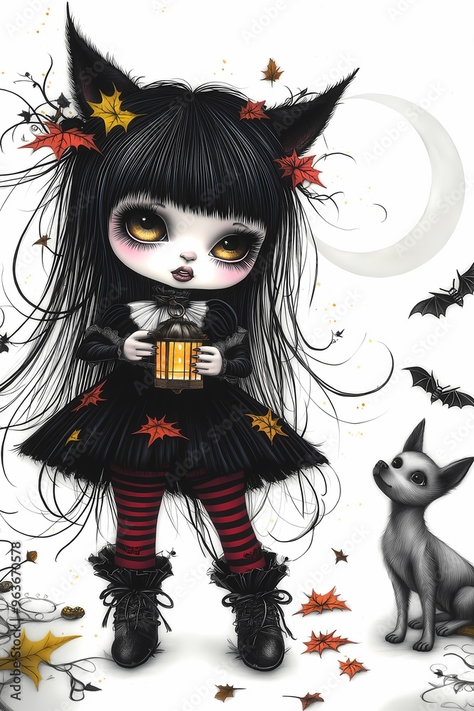 A cute cartoon girl in a witch costume holding a lamp, accompanied by cats, pumpkins, and bats Halloween elements, set against a white isolated background. A cute cartoon girl in a witch costume holding a lamp, accompanied by cats, pumpkins, and bats Halloween elements, set against a white isolated background.