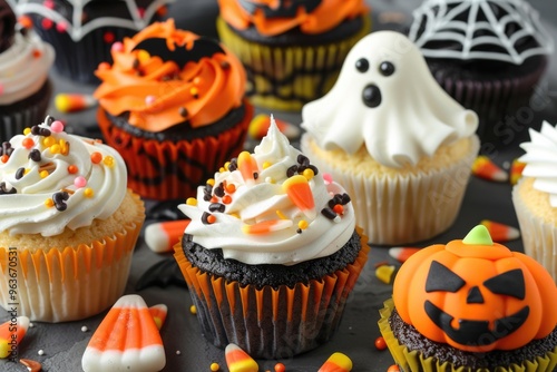 Halloween-themed cupcakes and candy corn arrangement for festive celebrations. AI photo