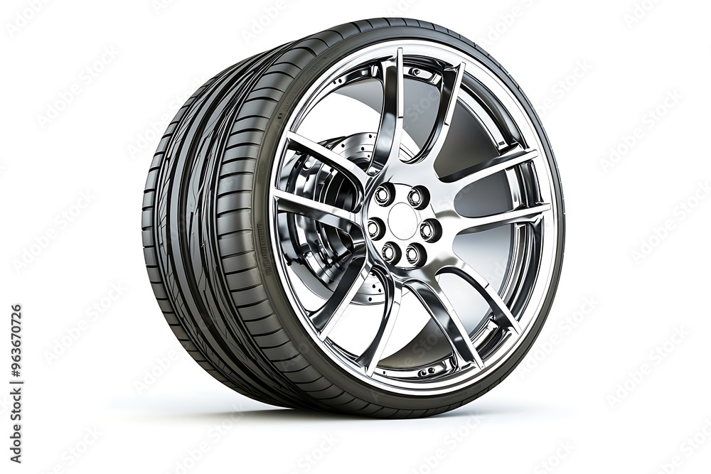 Car tire on aluminum rim, isolated to emphasize its high-quality design and durability. Car tire on aluminum rim, isolated to emphasize its high-quality design and durability.