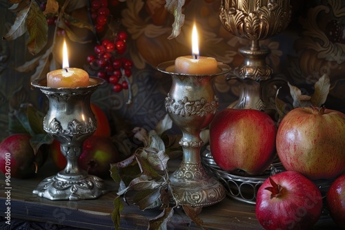 Elegant candlelit display with apples and pomegranates celebrating jewish new year. AI