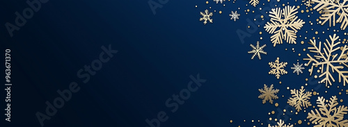 Golden snowflakes on blue background, web banner. AI generation.