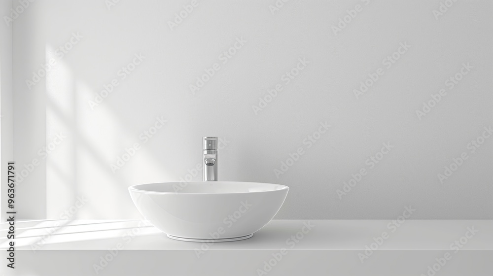 Round bathroom sink with chrome faucet placed in a modern minimalist bathroom, featuring natural lighting. Round bathroom sink with chrome faucet placed in a modern minimalist bathroom, featuring natural lighting.