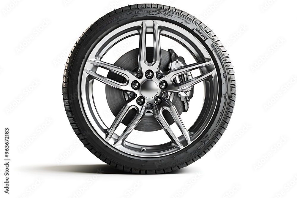 Obraz premium Isolated silver aluminum rim with car tire, emphasizing design and long-lasting durability.