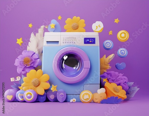 Pink washing machines surrounded by flowers illustration photo