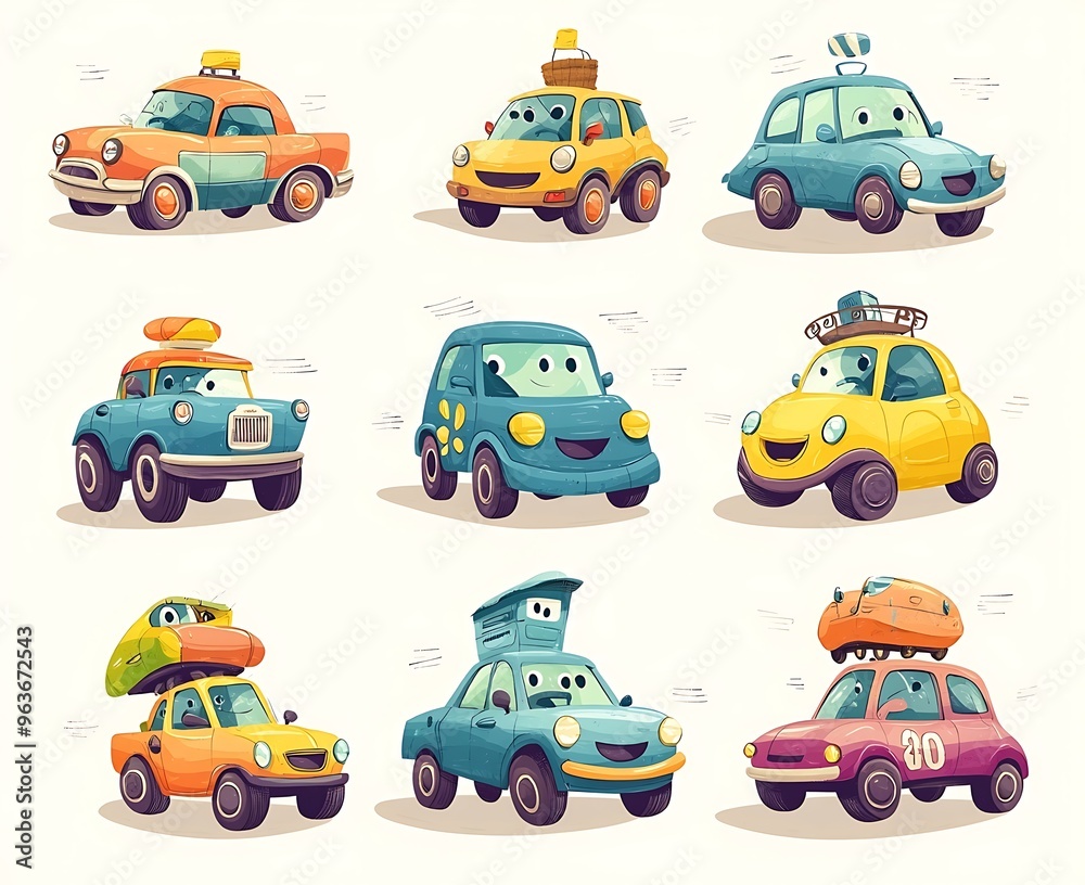 Vibrant and playful cartoon car illustrations, ideal for colorful creative projects.