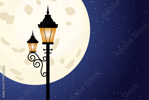 Streetlights lamppost night with big moon and stars