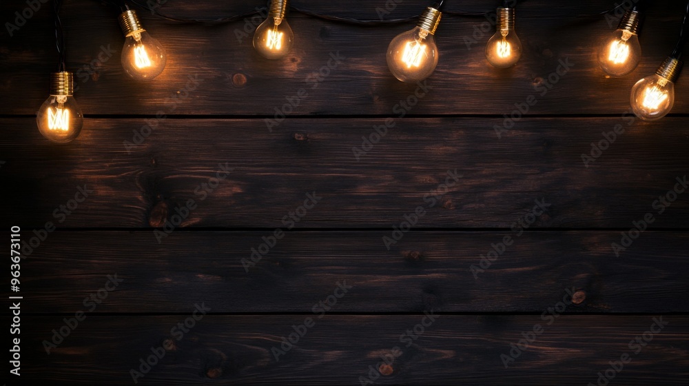 Warm String Lights Over Dark Wooden Background Warm String Lights Over Dark Wooden Background