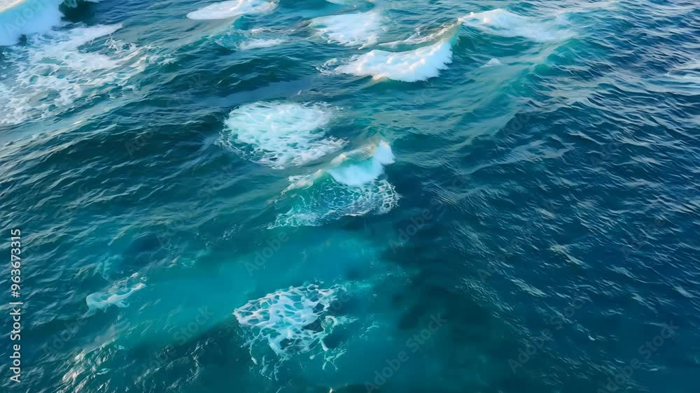 Top view of ocean waves with patches of foam floating along the current, showcasing the dynamic movement of the water. Top view of ocean waves with patches of foam floating along the current, showcasing the dynamic movement of the water.