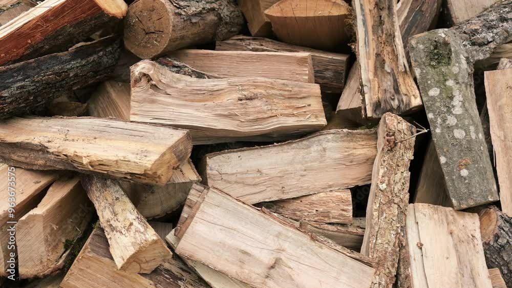 Chopped firewood in a large pile. The prepared power source is ready for combustion. Chopped firewood in a large pile. The prepared power source is ready for combustion.