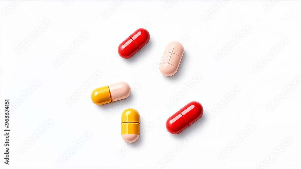 Several orange, red and white capsules on a white background, top view Several orange, red and white capsules on a white background, top view
