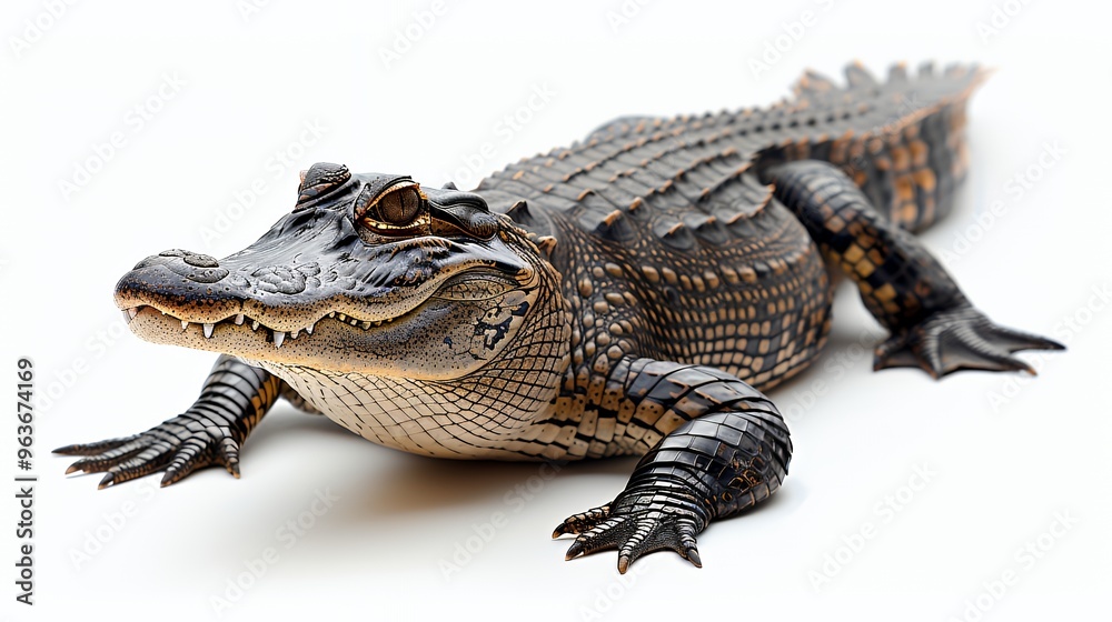 Fototapeta premium A young alligator, with its mouth closed, lies on a white background.