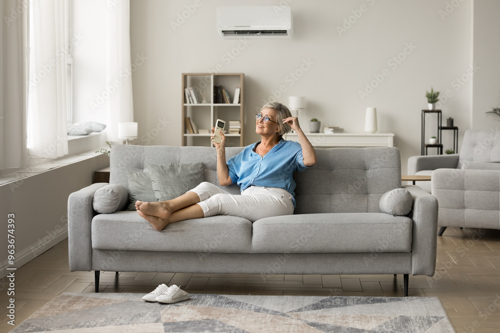 Happy mature woman holding remote controller adjusting, switching on air conditioner system temperature inside, sits alone on cozy couch in modern living room. Comfortable living, house environment Happy mature woman holding remote controller adjusting, switching on air conditioner system temperature inside, sits alone on cozy couch in modern living room. Comfortable living, house environment