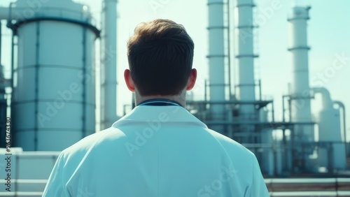 Engineer in white coat inspecting industrial plant with large chimneys photo