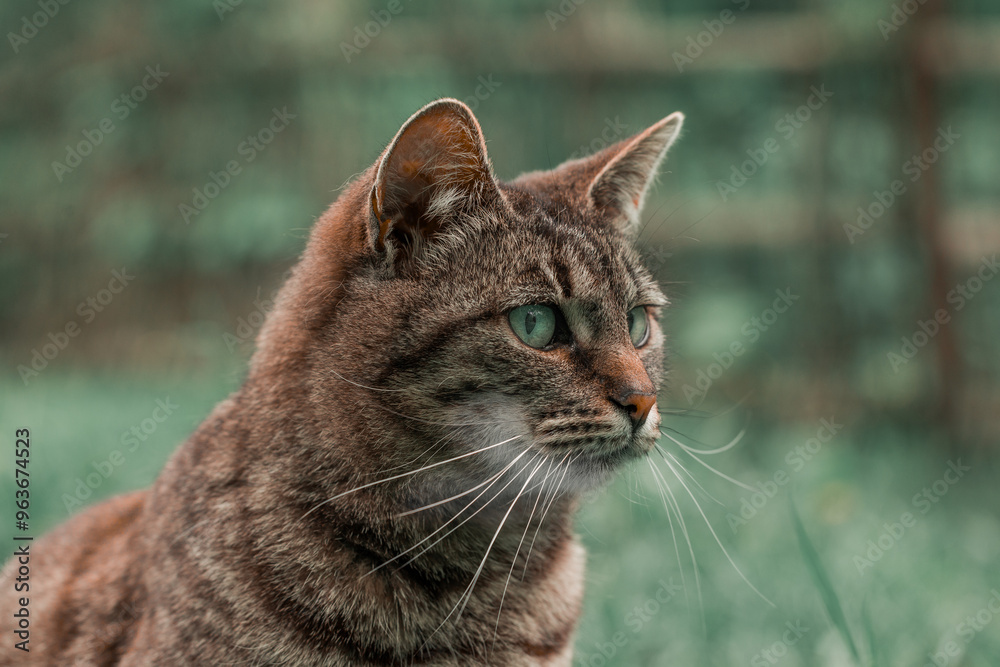 cat dramatic portrait animal head close up view looking side way moody blurred background outdoors low colors style cat dramatic portrait animal head close up view looking side way moody blurred background outdoors low colors style
