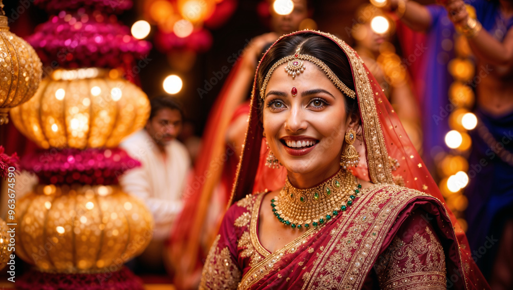 Una felice ragazza indiana immersa nel caldo bagliore delle celebrazioni del Diwali, vestita con gli abiti tradizionali e adornata da luci calde e dorate Una felice ragazza indiana immersa nel caldo bagliore delle celebrazioni del Diwali, vestita con gli abiti tradizionali e adornata da luci calde e dorate