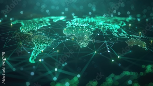 A futuristic global network concept with a green glowing world map, digital connections illustrated with sharp, metallic lines.