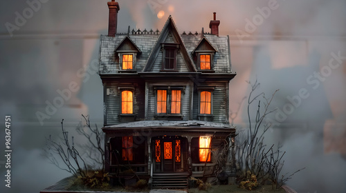 Dark room with creepy dollhouse, eerie music playing, evoking feelings of fear and unease.