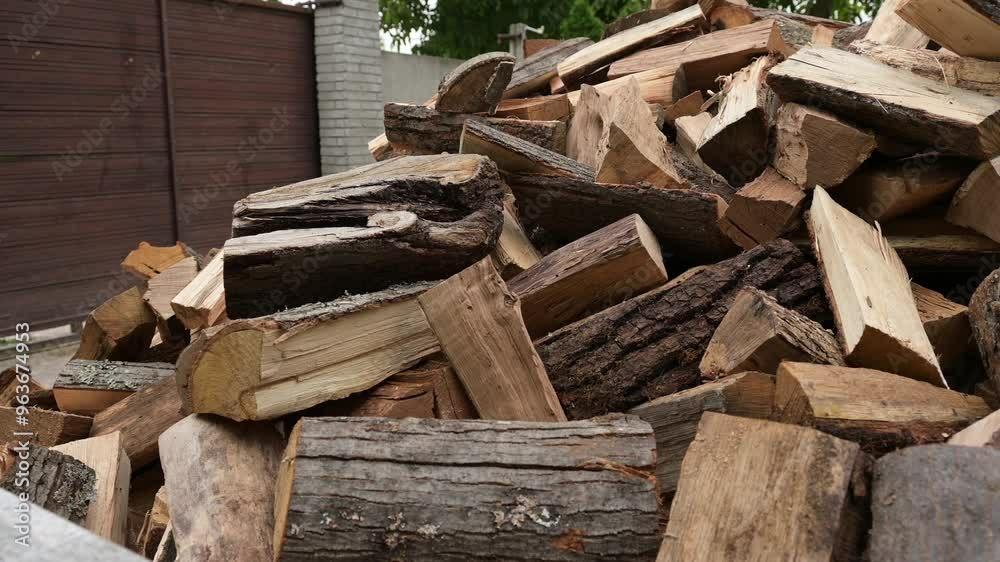 Chopped firewood in a large pile. The prepared power source is ready for combustion. Chopped firewood in a large pile. The prepared power source is ready for combustion.