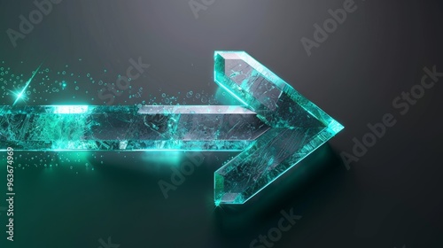 A glowing arrow made of textured glass light beams, pointing to the right, with a gradient of teal and emerald green hues. 