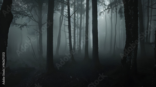 Dark trees loom over foggy ground, mysterious noises resonate, creating an eerie atmosphere of unease.