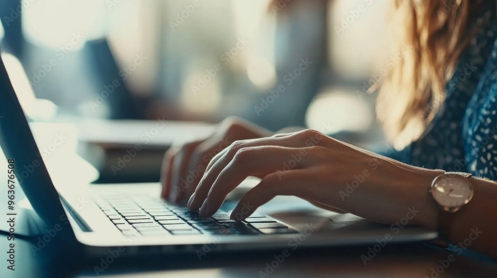 Focused Productivity: Woman Typing on Laptop Focused Productivity: Woman Typing on Laptop