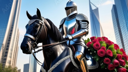 Knight in shining armor riding a black horse with roses in a modern cityscape