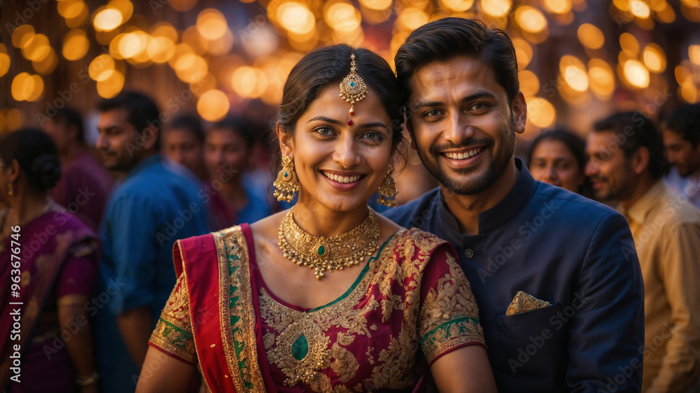 Una felice coppia indiana immersa nel caldo bagliore delle celebrazioni del Diwali, vestiti con i loro abiti tradizionali e adornati da luci calde e dorate Una felice coppia indiana immersa nel caldo bagliore delle celebrazioni del Diwali, vestiti con i loro abiti tradizionali e adornati da luci calde e dorate