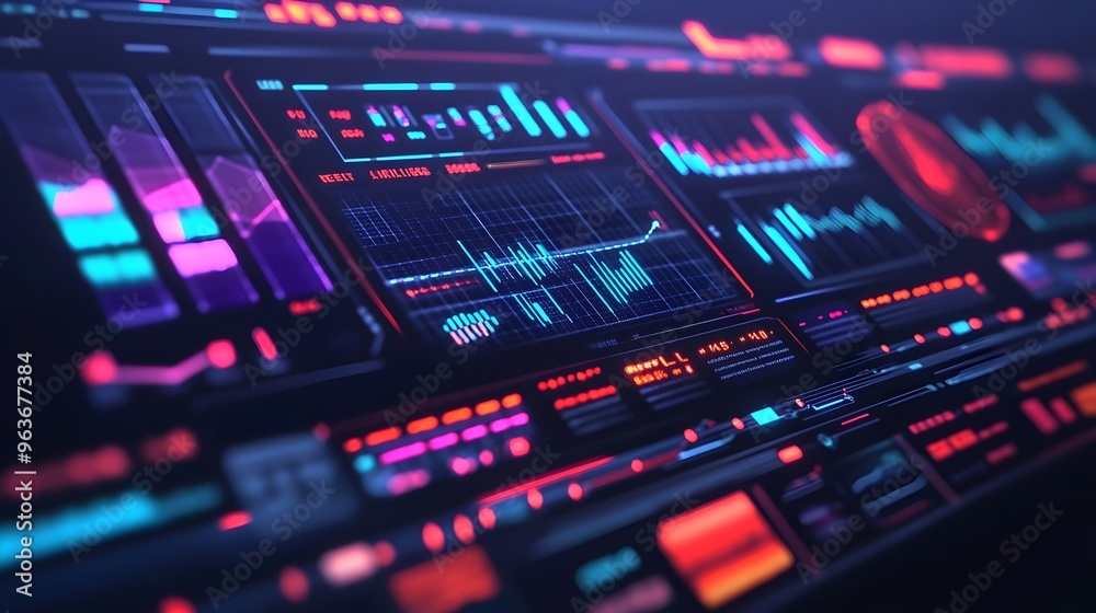 Obraz premium Futuristic Tech Interface with Neon Lights & Data Analysis