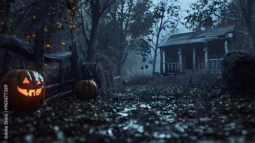 Spooky hayride through a shadowy forest under a dark sky, with a vintage film style. photo