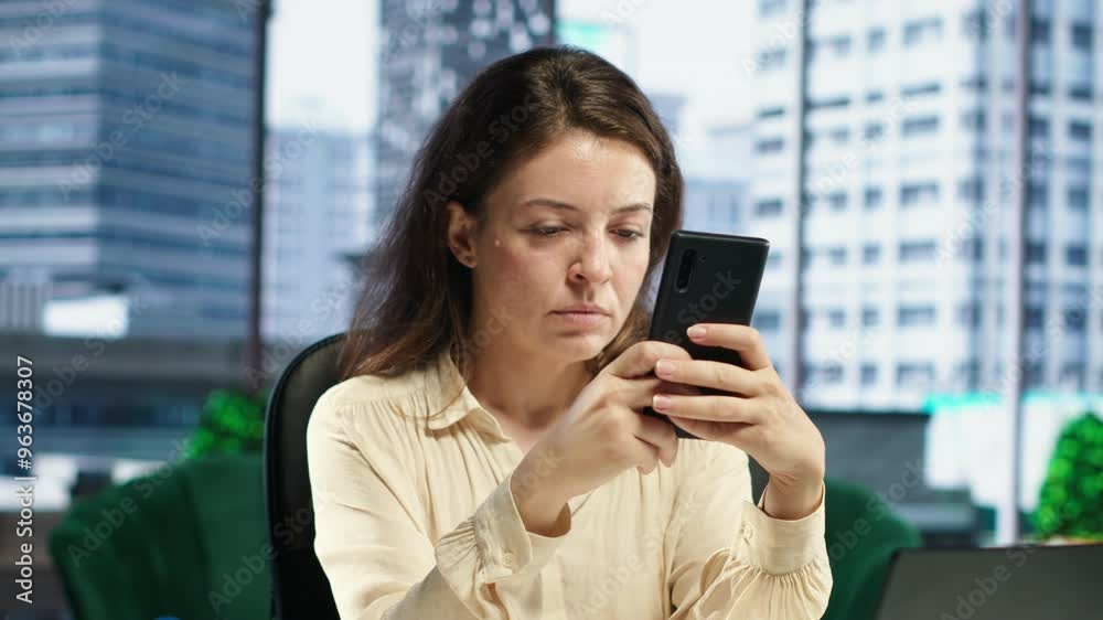 Portrait of female entrepreneur checking her personal phone messages in her CEO office, determined boss lady with a success story. Woman director feeling confident in business industry. Camera A. Portrait of female entrepreneur checking her personal phone messages in her CEO office, determined boss lady with a success story. Woman director feeling confident in business industry. Camera A.