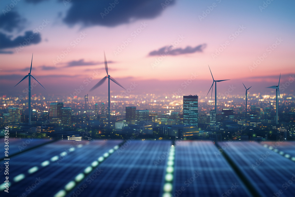 Solar panels and wind turbines overlooking a city skyline at dusk, representing urban renewable energy and sustainability Solar panels and wind turbines overlooking a city skyline at dusk, representing urban renewable energy and sustainability