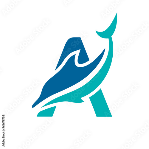 a logo combination of dolphins with letters, initials, numbers or alphabets with a blue base color for business purpose and other