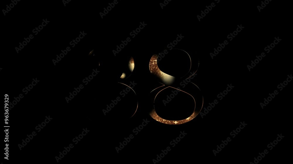 Gold number 38 with gold particles and stars, numerology, number thirty eight, alpha channel