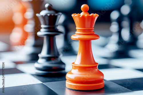 A close-up view of a strategic chess game featuring orange and black pieces on a chessboard. photo