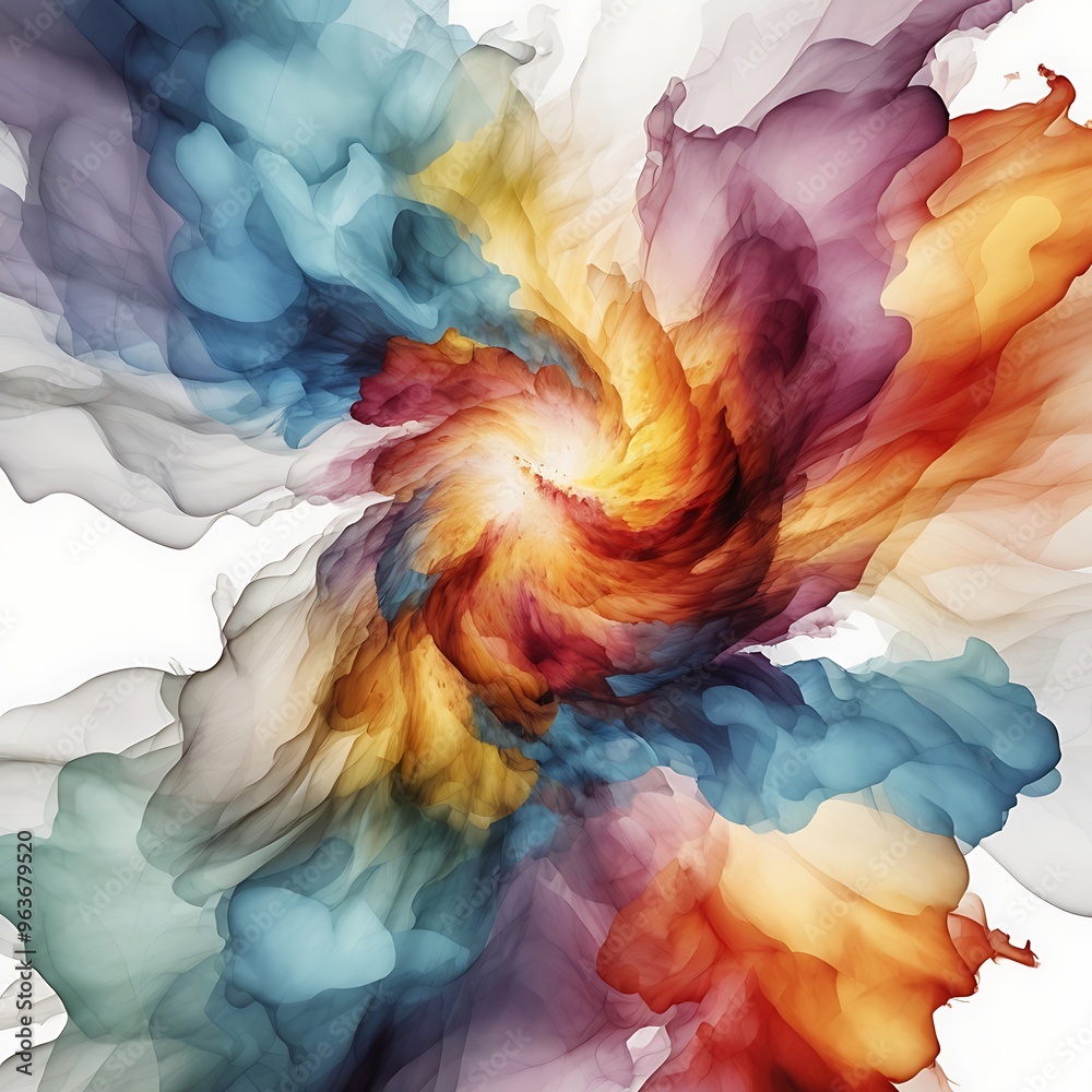 Fototapeta premium Colorful explosion of colored powder on white background, abstract colorful burst and smoke Creating a Dynamic and Stunning in white background