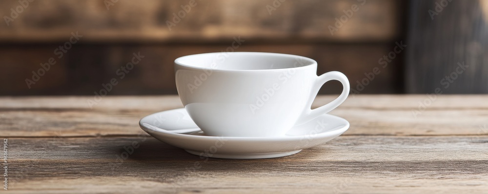 White ceramic cup on wooden table, rustic White ceramic cup on wooden table, rustic