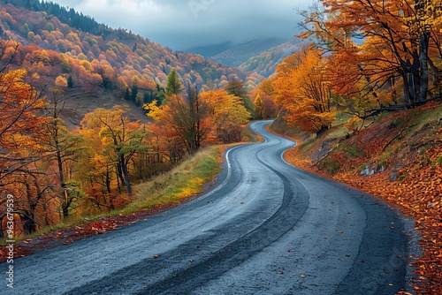 Scenic autumn highway black asphalt road through colorful mountain landscape at sunset