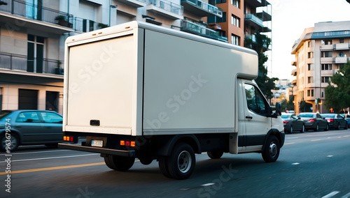 White modern delivery small shipment cargo courier van moving fast on motorway road to city urban suburb. Business distribution and logistics express service. Mini bus driving on highway on sunny day.