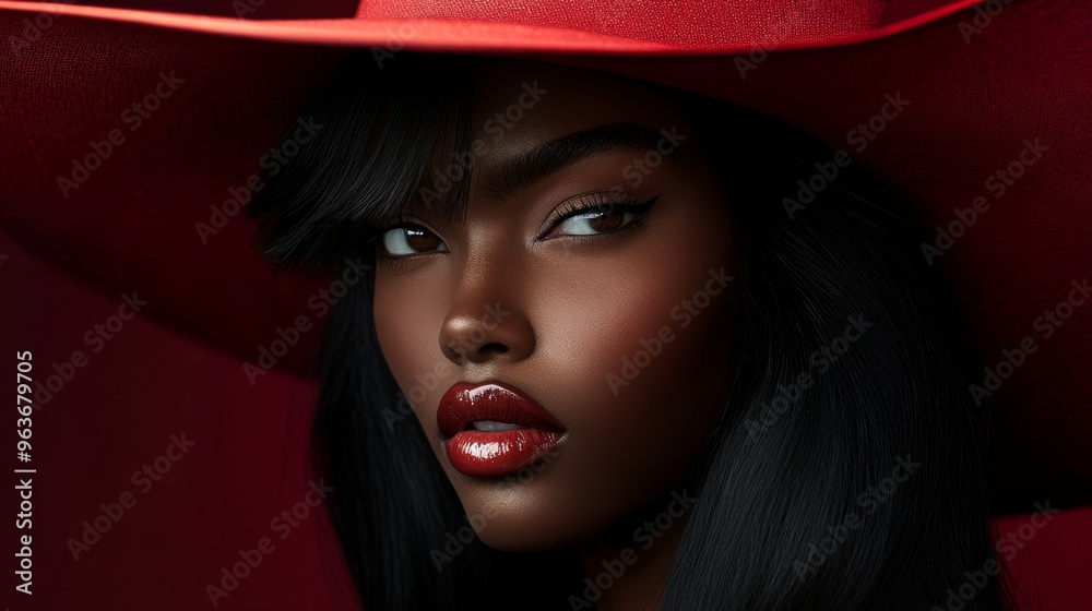 Portrait of a beautiful black model with long hair, brown eyes and wearing a wide-brimmed hat. Beautiful woman with red lips in a photographic pose. Portrait of a beautiful black model with long hair, brown eyes and wearing a wide-brimmed hat. Beautiful woman with red lips in a photographic pose.