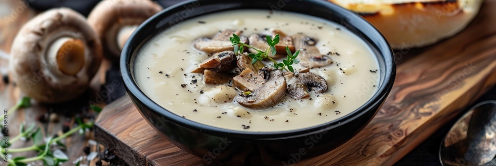 Creamy Mushroom Soup Served in a Black Ceramic Bowl on a Wooden Surface Creamy Mushroom Soup Served in a Black Ceramic Bowl on a Wooden Surface